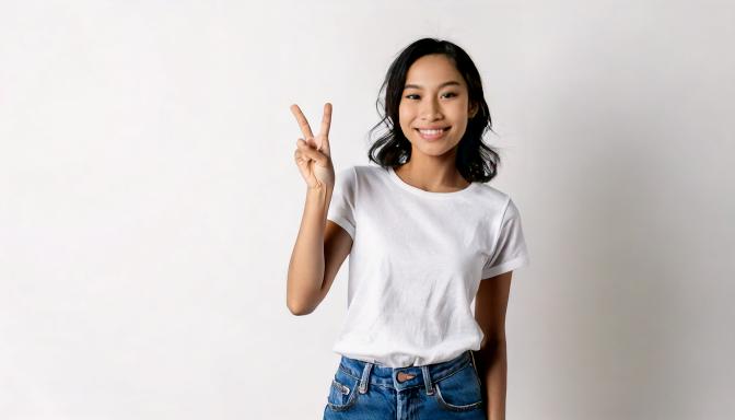 白いtシャツにデニム姿の女性がピースサインをしている様子