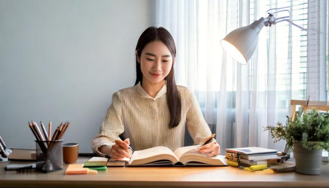 机にテキストを広げ資格取得のため勉強する女性の姿