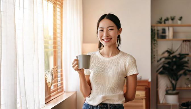 マグカップを片手に持ち笑顔を女性