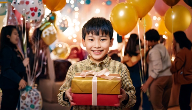 6歳になった男の子が誕生日プレゼントをもらって満面の笑みを浮かべている様子