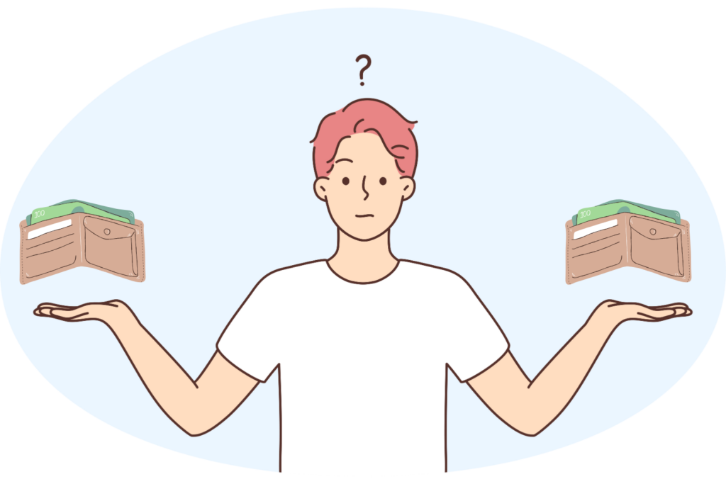 お財布を持ってコスパを比較しているお父さん