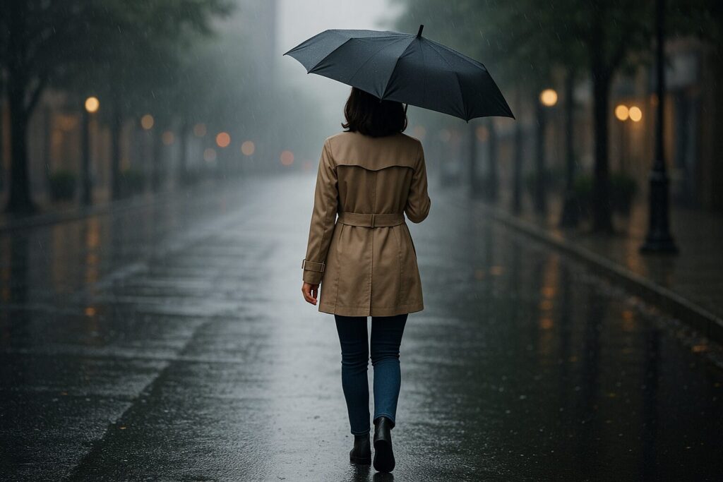 雨の中折りたたみ傘をさして歩く女性の後ろ姿