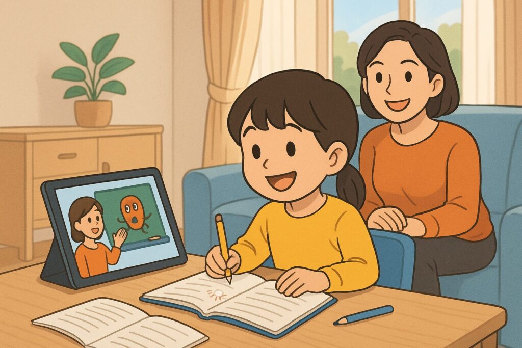 お母さんが見守る中リビングでスタディサプリを使って勉強する女の子
