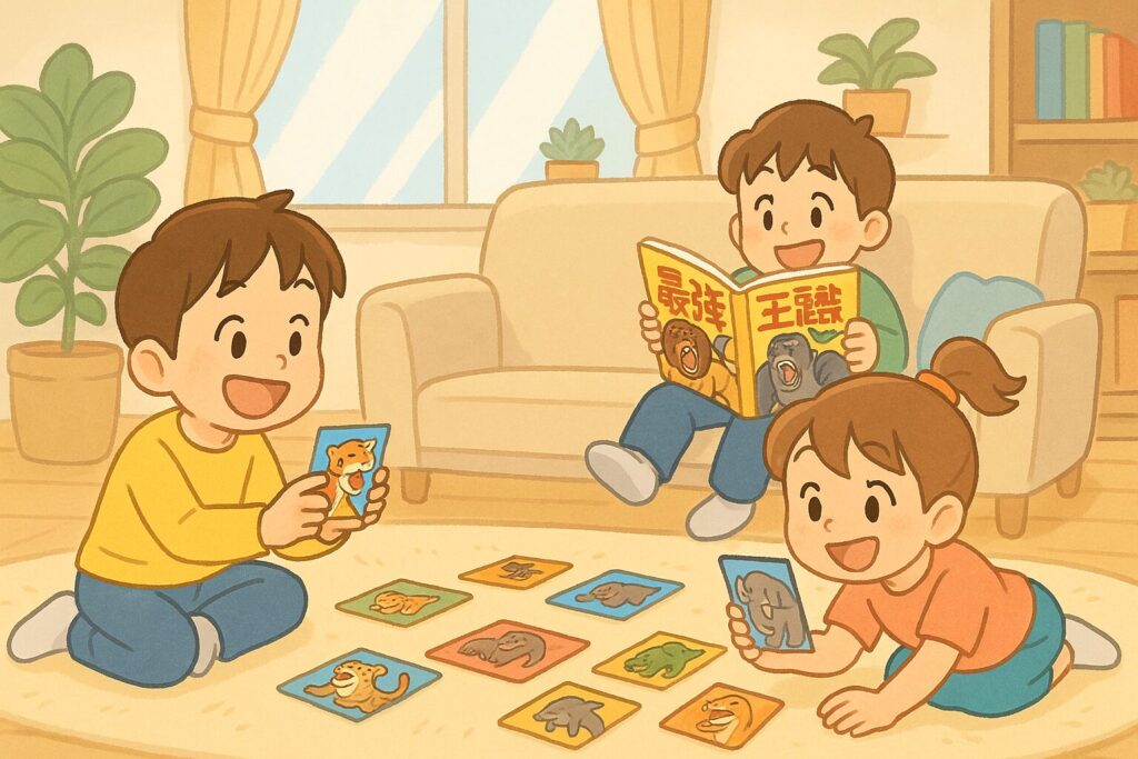 ソファで最強王図鑑を夢中でよむ男の子、その横では最強王図鑑カードで遊ぶ男の子と女の子