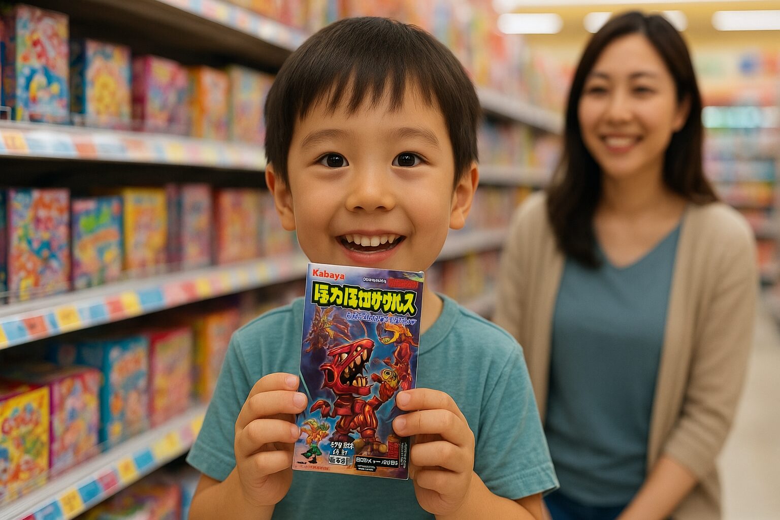 ほねほねザウルスを手に持って目を輝かせる男の子