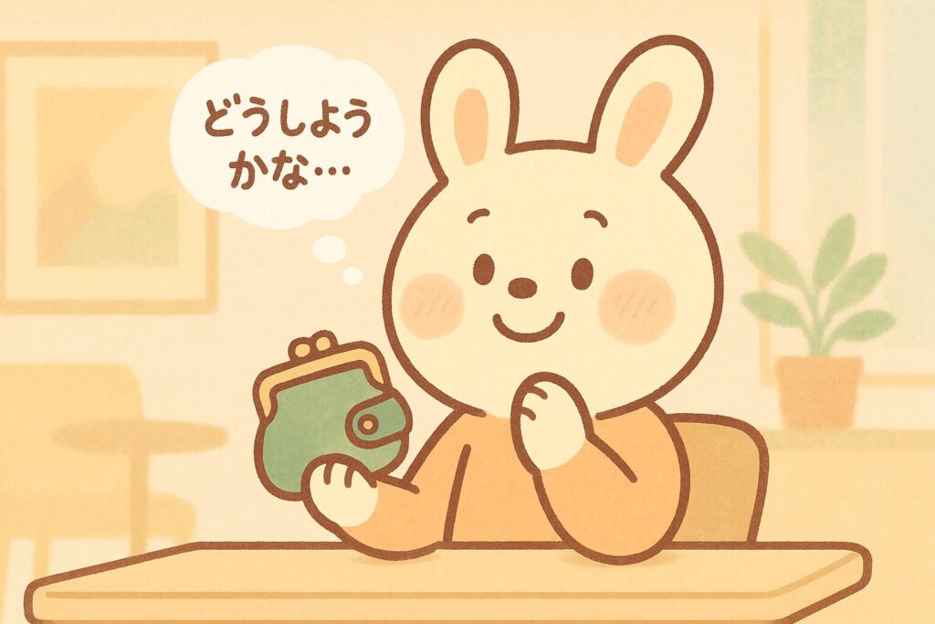 お財布をもったウサギがどうしようかなと考えている