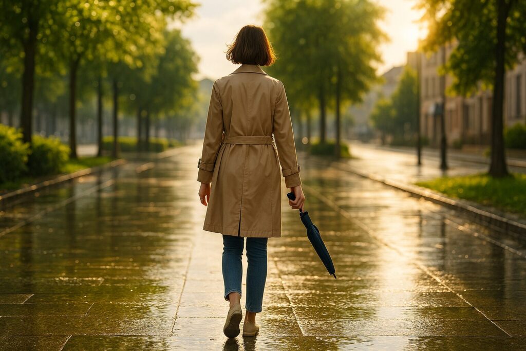 雨上がりに折りたたみ傘を片手に歩く女性の後ろ姿