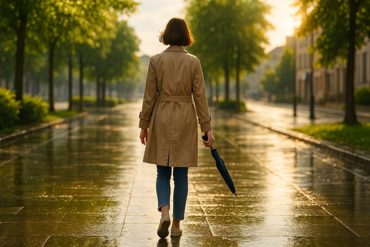 雨上がりに折りたたみ傘を片手に歩く女性の後ろ姿