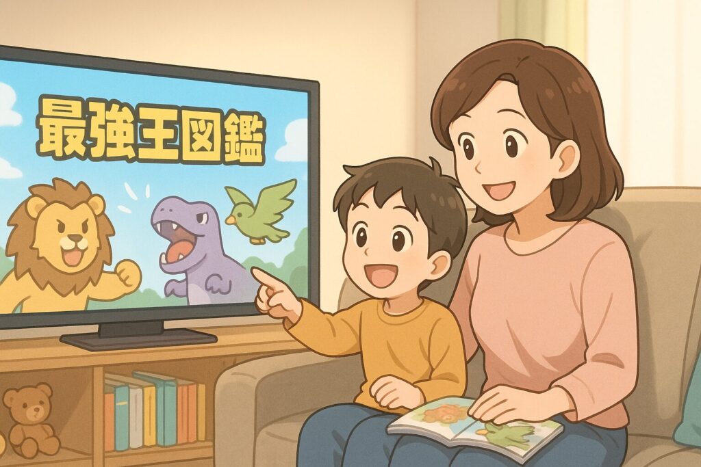 親子が笑顔で最強王図鑑を視聴している