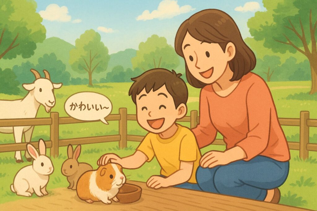 足羽山公園でモルモットを触れ合う親子