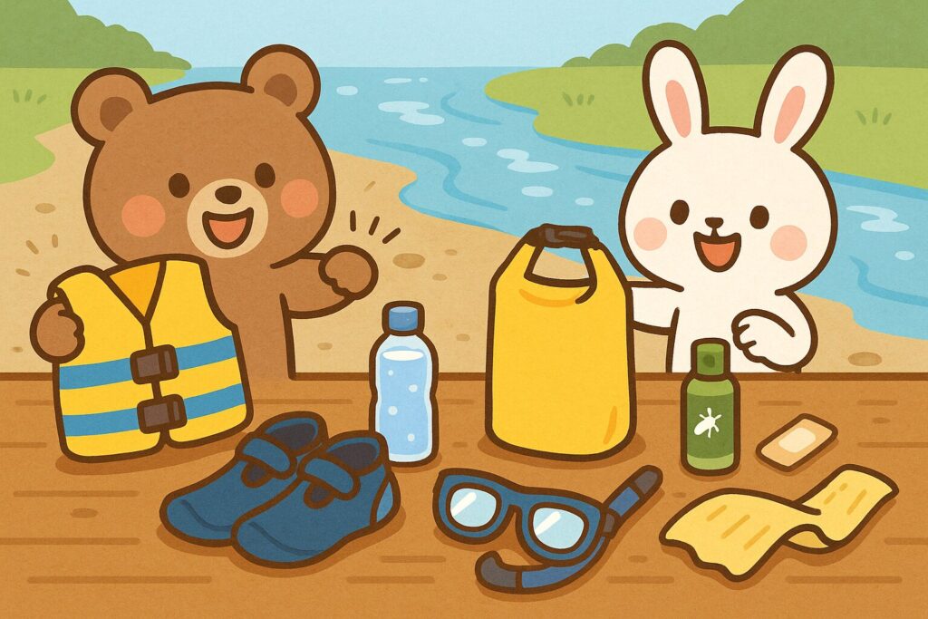 川のレジャーに来たクマとウサギ
