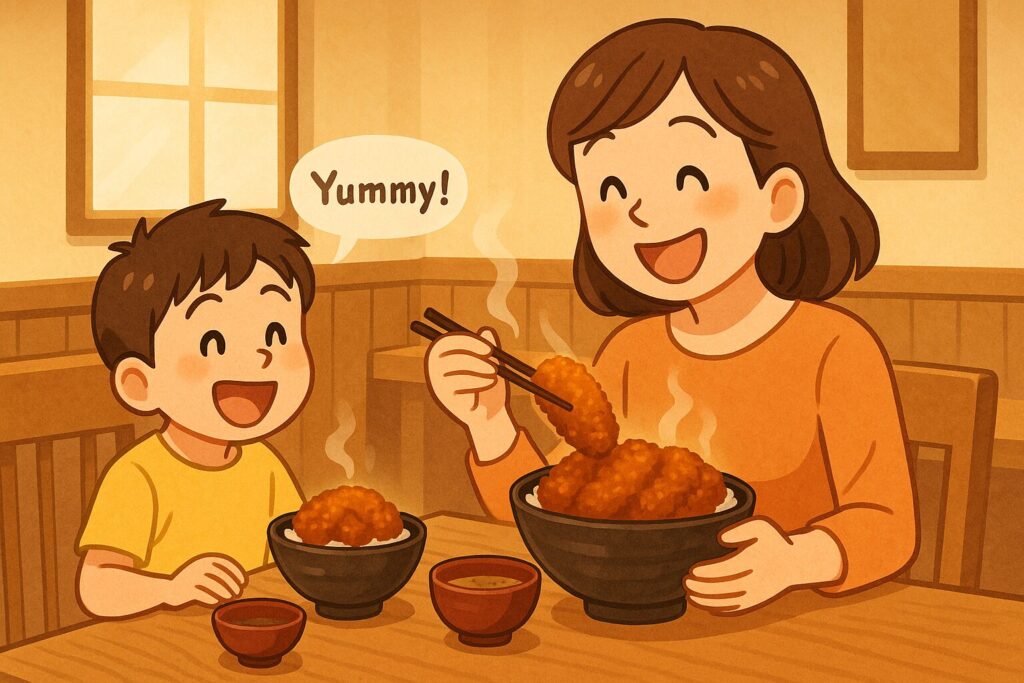 ソースカツ丼を美味しそうに食べる親子