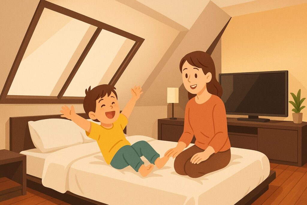 ホテルでくつろぐ親子