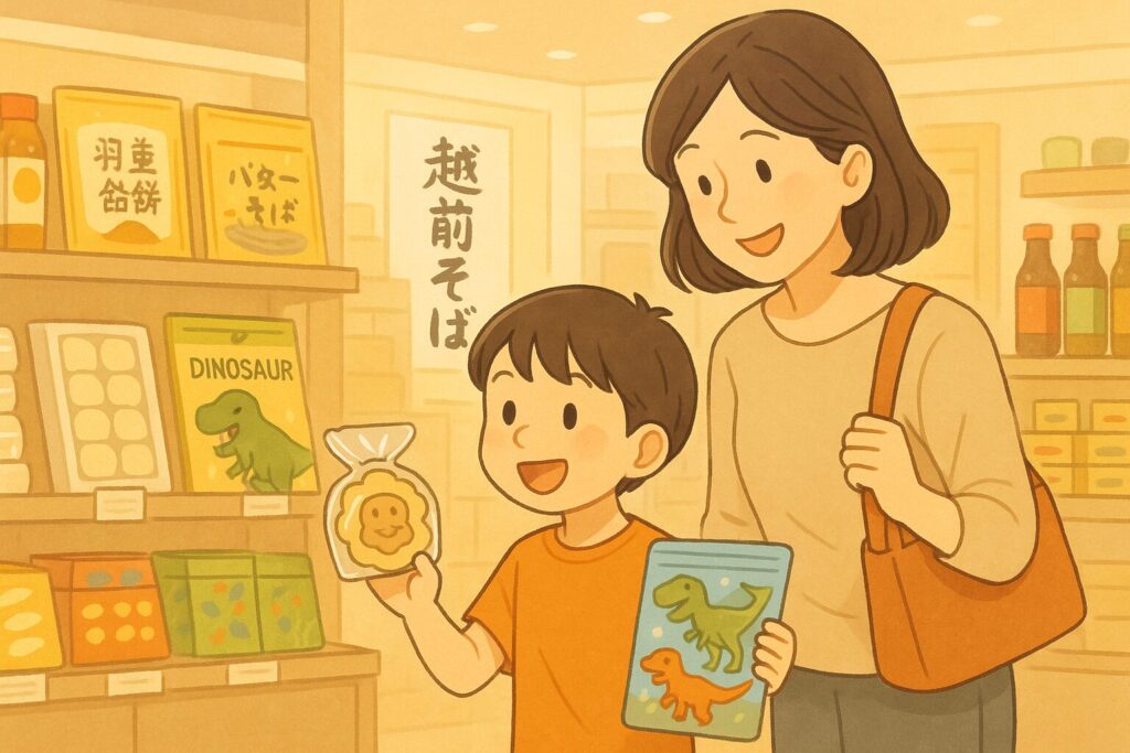 福井駅でお土産を購入する親子