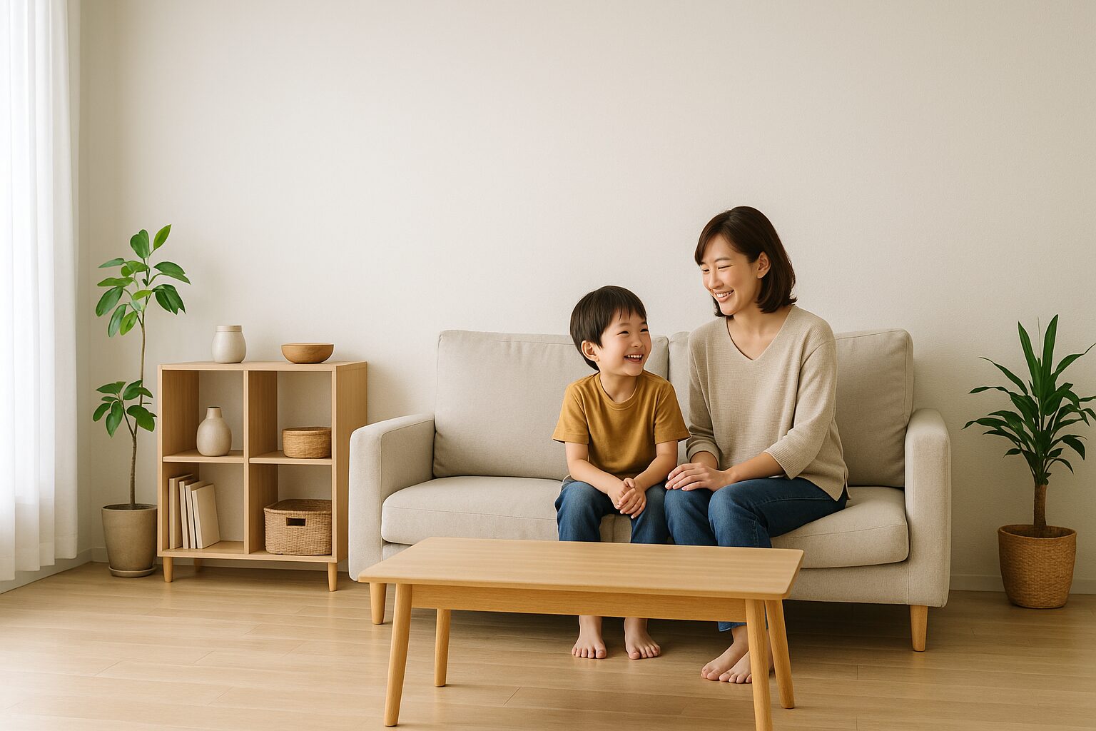 片付いた部屋のソファでくつろぐ親子