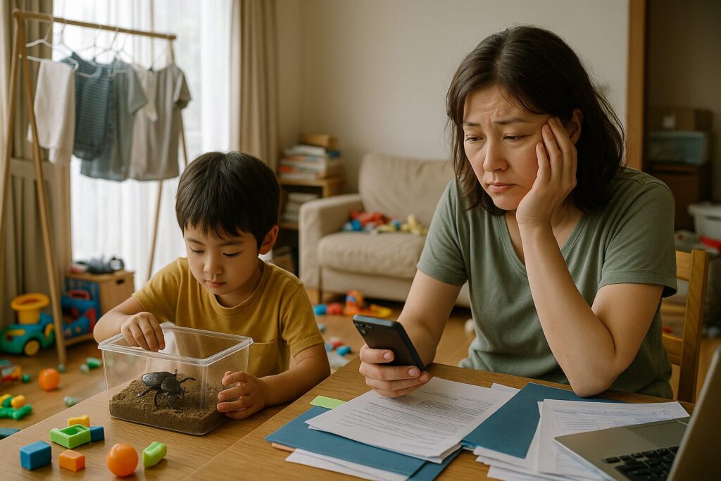 散らかった部屋で疲れた表情で椅子に座りスマホを眺めるワーママ