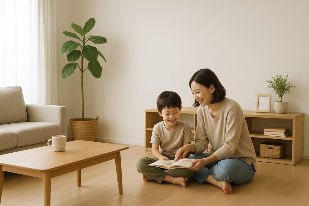 ミニマルな部屋でくつろぐ親子