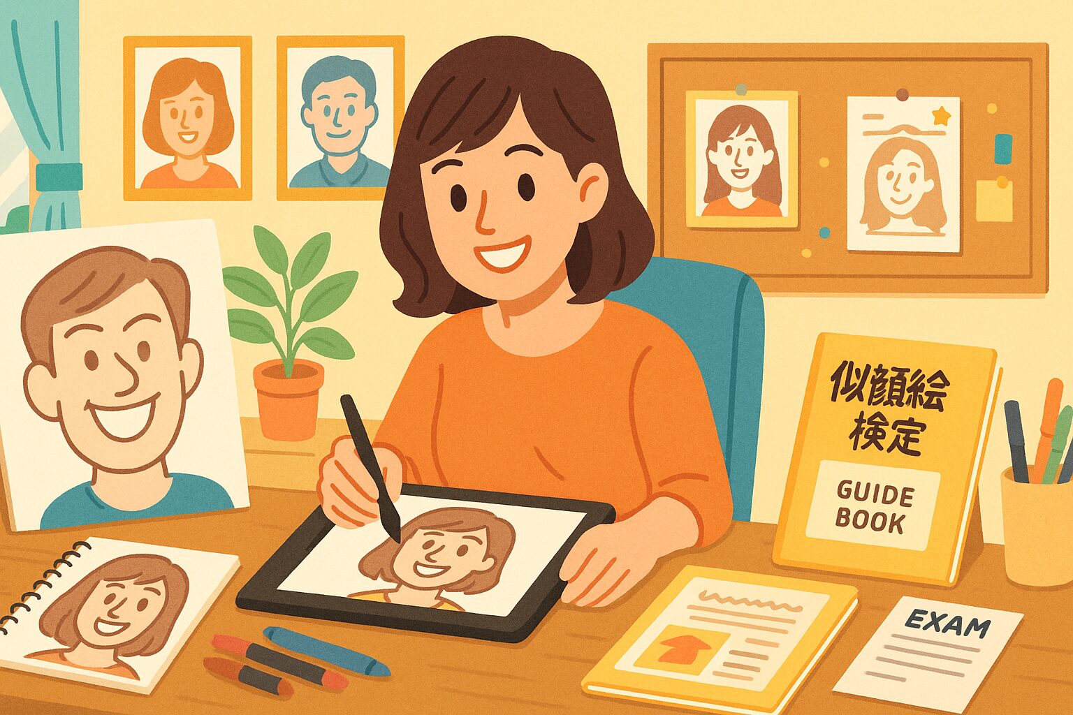 似顔絵を書く練習を重ねる女性