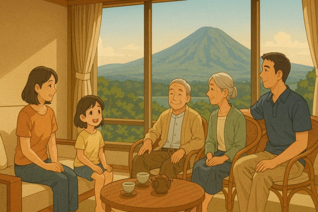 三原山を望むホテル客室でくつろぐ家族