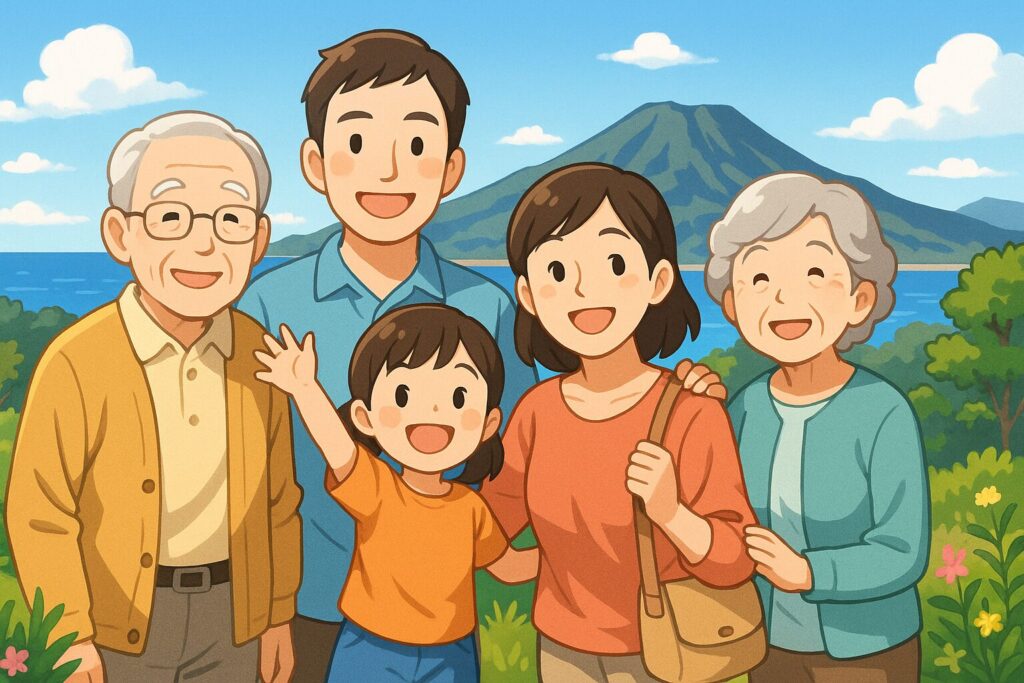 三原山を背景にぱちり