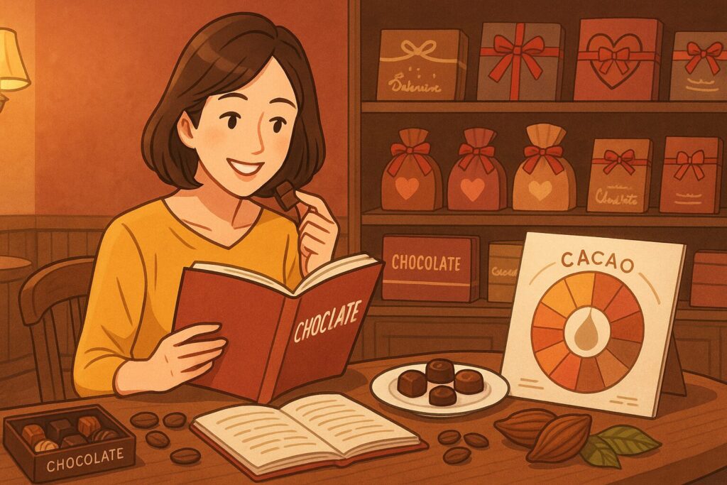 チョコレート一つ一つを味わいながら味を確認する女性