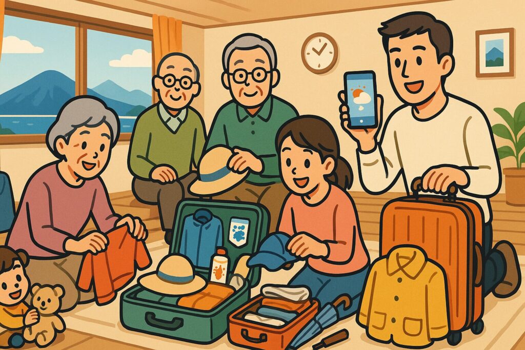 スーツケースを取り囲み、旅の準備をする家族