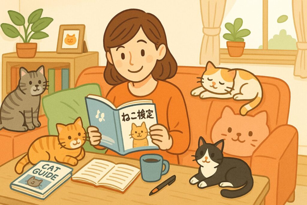 猫に囲まれながらねこ検定の勉強をする女性