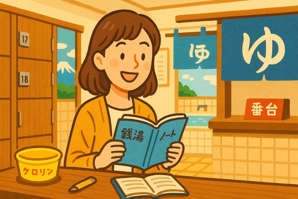 銭湯巡りをして勉強する女性