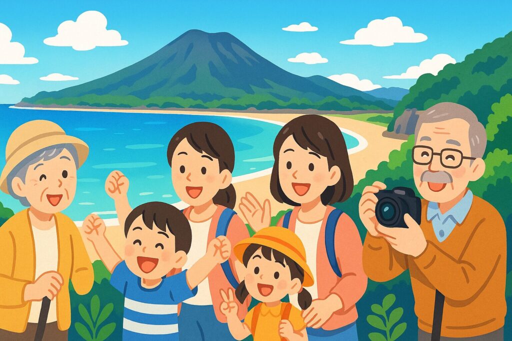 三原山の前で写真撮影をする家族